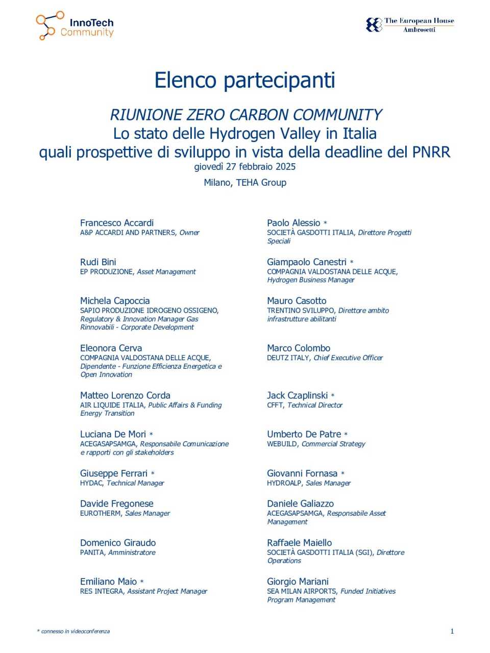 RIUNIONE ZERO CARBON COMMUNITY
Lo stato delle Hydrogen Valley in Italia: quali prospettive di sviluppo in vista della deadline del PNRR