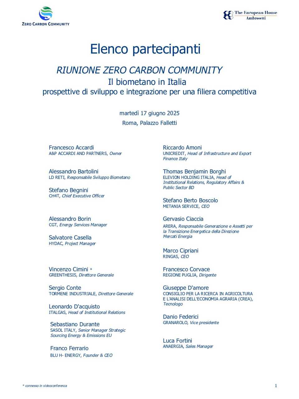 RIUNIONE ZERO CARBON COMMUNITY Il biometano in Italia: prospettive di sviluppo e integrazione per una filiera competitiva